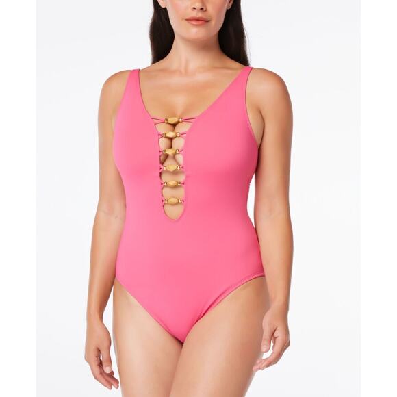 Bleu by Rod Beattie Beaded Cutout One Piece Swimsuit Rose Red Size 12 1264 - Picture 2 of 4